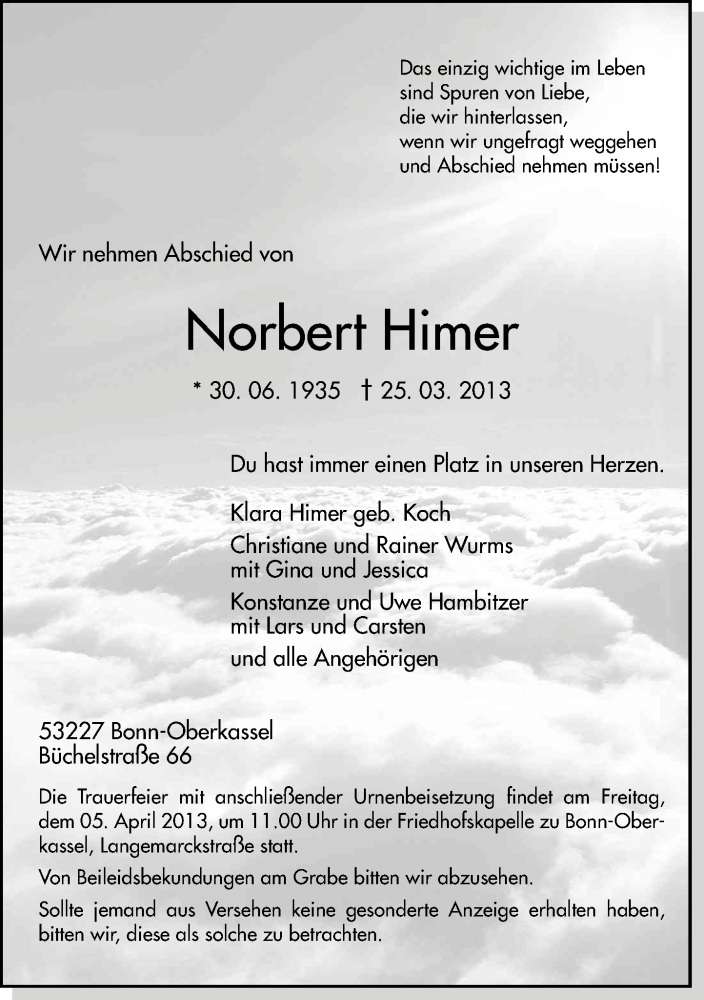  Traueranzeige für Norbert Himer vom 30.03.2013 aus General-Anzeiger Bonn