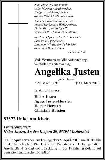 Anzeige von Angelika Justen von General-Anzeiger Bonn