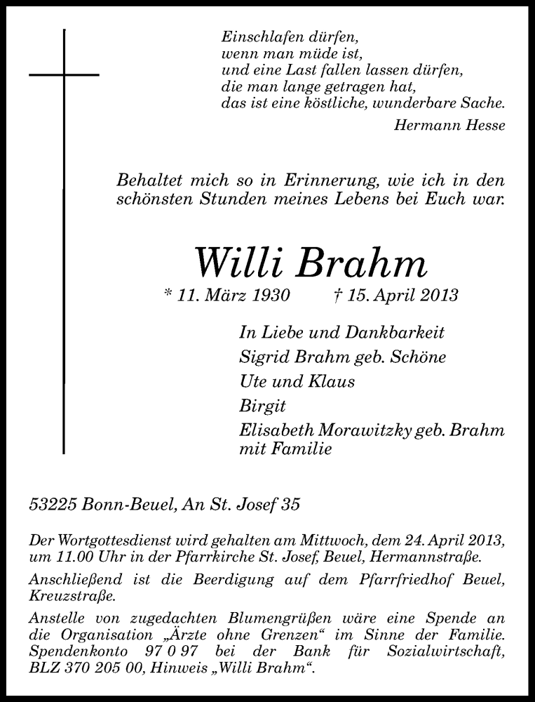  Traueranzeige für Willi Brahm vom 20.04.2013 aus General-Anzeiger Bonn