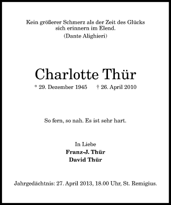 Anzeige von Charlotte Thür von General-Anzeiger Bonn