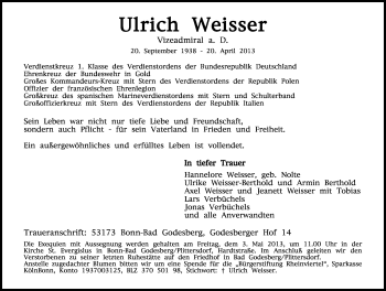 Anzeige von Ulrich Weisser von General-Anzeiger Bonn