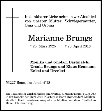 Anzeige von Marianne Brungs von General-Anzeiger Bonn