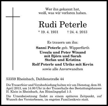 Anzeige von Rudi Peterle von General-Anzeiger Bonn