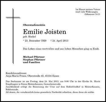 Anzeige von Emilie Joisten von General-Anzeiger Bonn