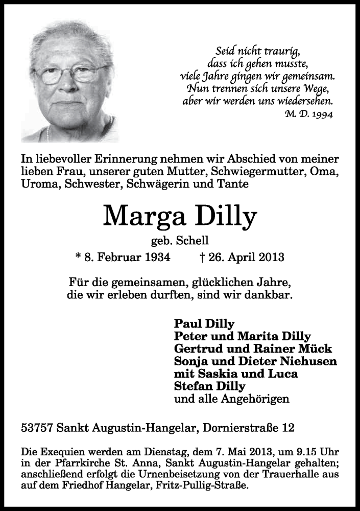  Traueranzeige für Marga Dilly vom 04.05.2013 aus General-Anzeiger Bonn