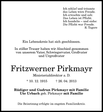 Anzeige von Fritzwerner Pirkmayr von General-Anzeiger Bonn