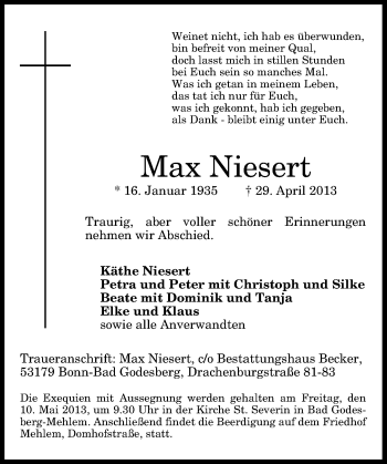 Anzeige von Max Niesert von General-Anzeiger Bonn