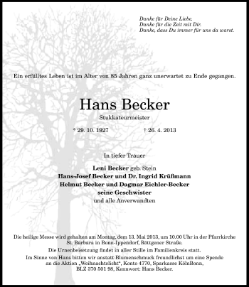 Anzeige von Hans Becker von General-Anzeiger Bonn
