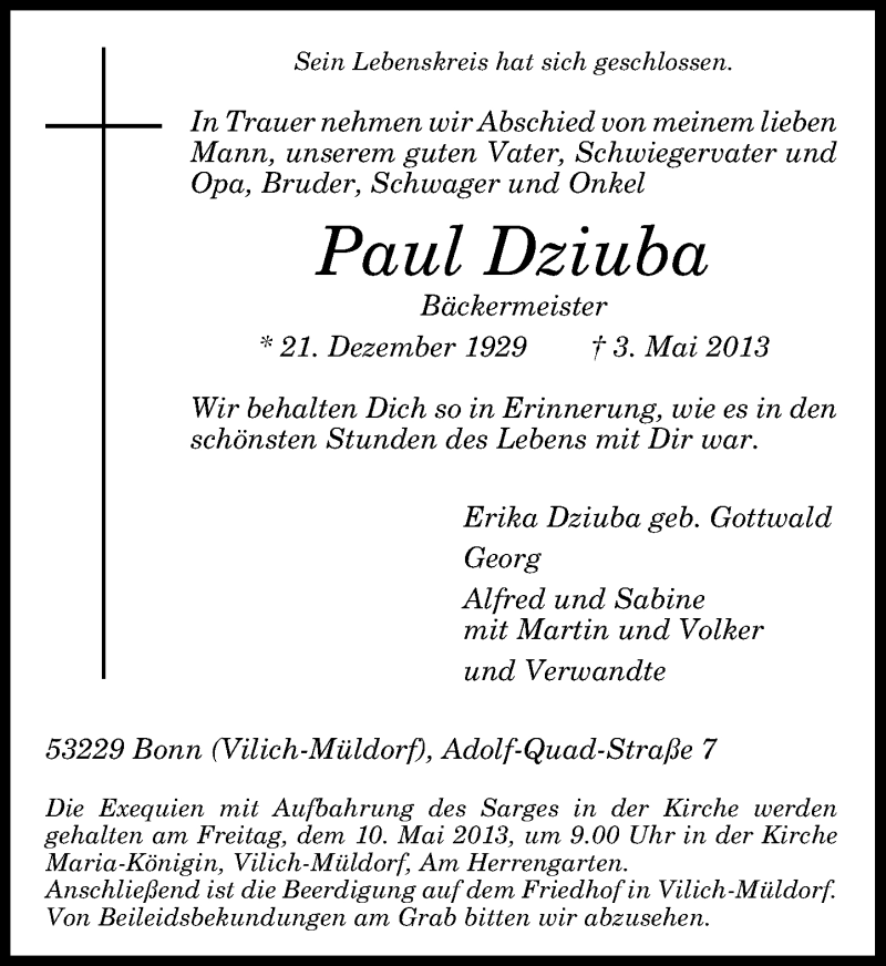  Traueranzeige für Paul Dziuba vom 07.05.2013 aus General-Anzeiger Bonn