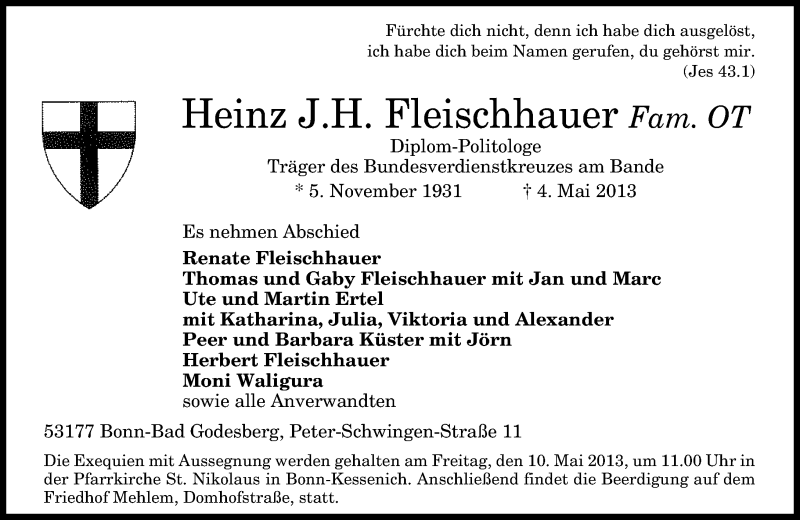  Traueranzeige für Heinz Fleischhauer vom 08.05.2013 aus General-Anzeiger Bonn