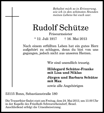 Anzeige von Rudolf Schütze von General-Anzeiger Bonn