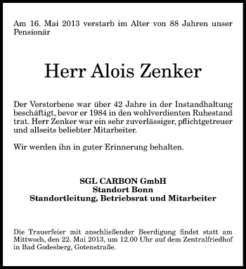 Anzeige von Alois Zenker von General-Anzeiger Bonn