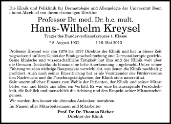 Anzeige von Hans-Wilhelm Kreysel von General-Anzeiger Bonn