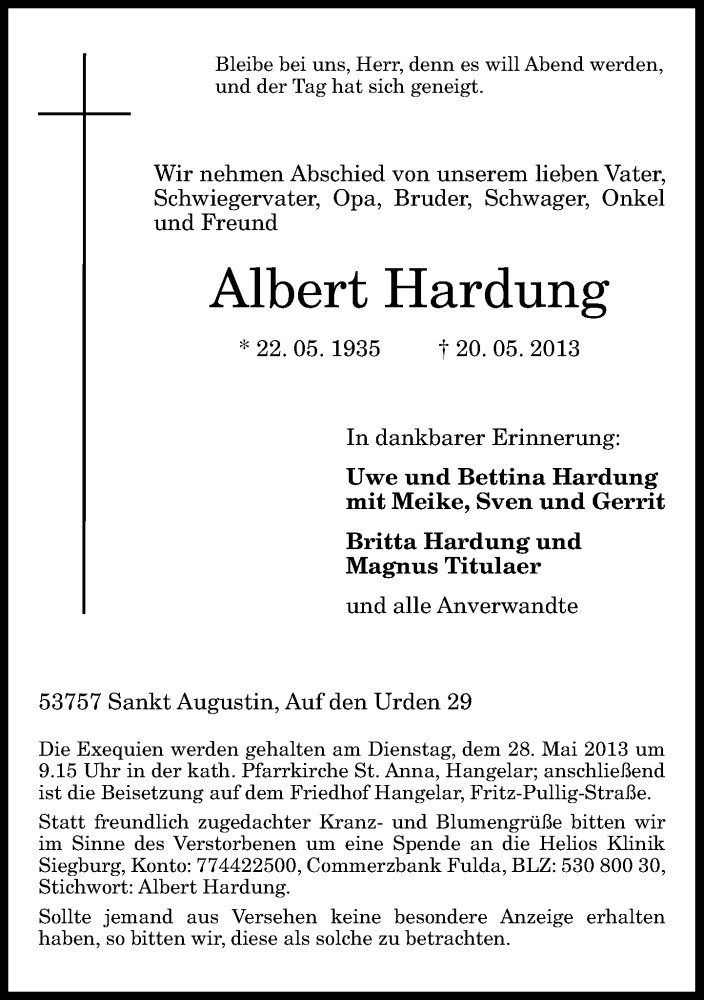  Traueranzeige für Albert Hardung vom 24.05.2013 aus General-Anzeiger Bonn