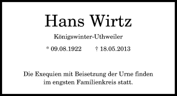 Anzeige von Hans Wirtz von General-Anzeiger Bonn