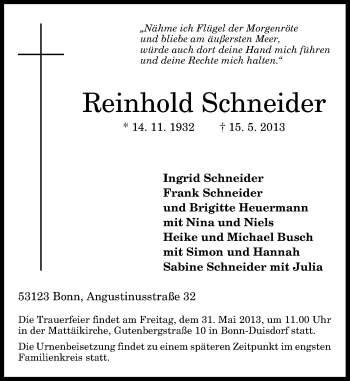 Anzeige von Reinhold Schneider von General-Anzeiger Bonn