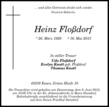 Anzeige von Heinz Floßdorf von General-Anzeiger Bonn