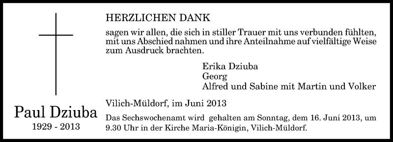  Traueranzeige für Paul Dziuba vom 08.06.2013 aus General-Anzeiger Bonn