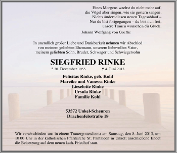 Anzeige von Siegfried Rinke von General-Anzeiger Bonn