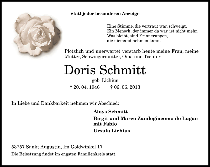 Traueranzeige für Doris Schmitt vom 08.06.2013 aus General-Anzeiger Bonn