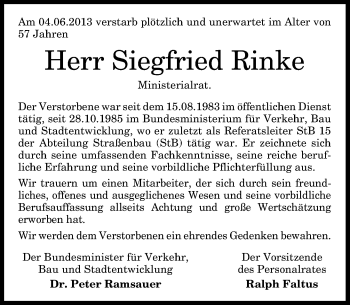 Anzeige von Siegfried Rinke von General-Anzeiger Bonn