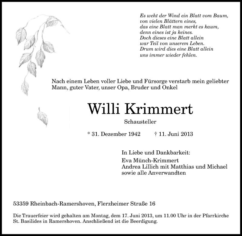  Traueranzeige für Willi Krimmert vom 15.06.2013 aus General-Anzeiger Bonn