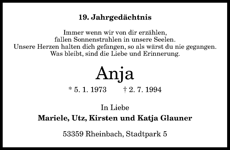  Traueranzeige für Anja  vom 02.07.2013 aus General-Anzeiger Bonn