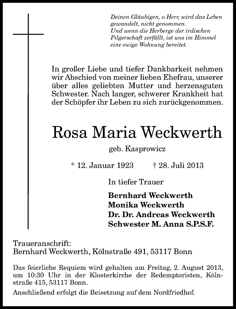  Traueranzeige für Rosa Maria Weckwerth vom 31.07.2013 aus General-Anzeiger Bonn