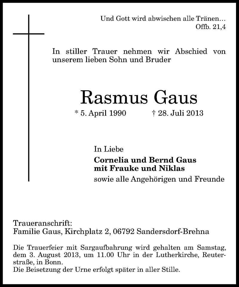  Traueranzeige für Rasmus Gaus vom 01.08.2013 aus General-Anzeiger Bonn