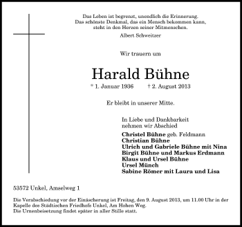Anzeige von Harald Bühne von General-Anzeiger Bonn