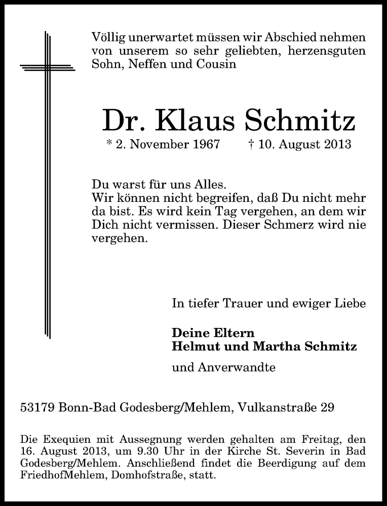  Traueranzeige für Klaus Schmitz vom 14.08.2013 aus General-Anzeiger Bonn