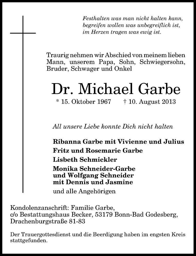  Traueranzeige für Michael Garbe vom 21.08.2013 aus General-Anzeiger Bonn