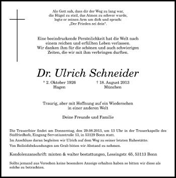 Anzeige von Ulrich Schneider von General-Anzeiger Bonn