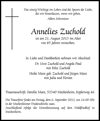 Anzeige von Annelies Zuchold von General-Anzeiger Bonn