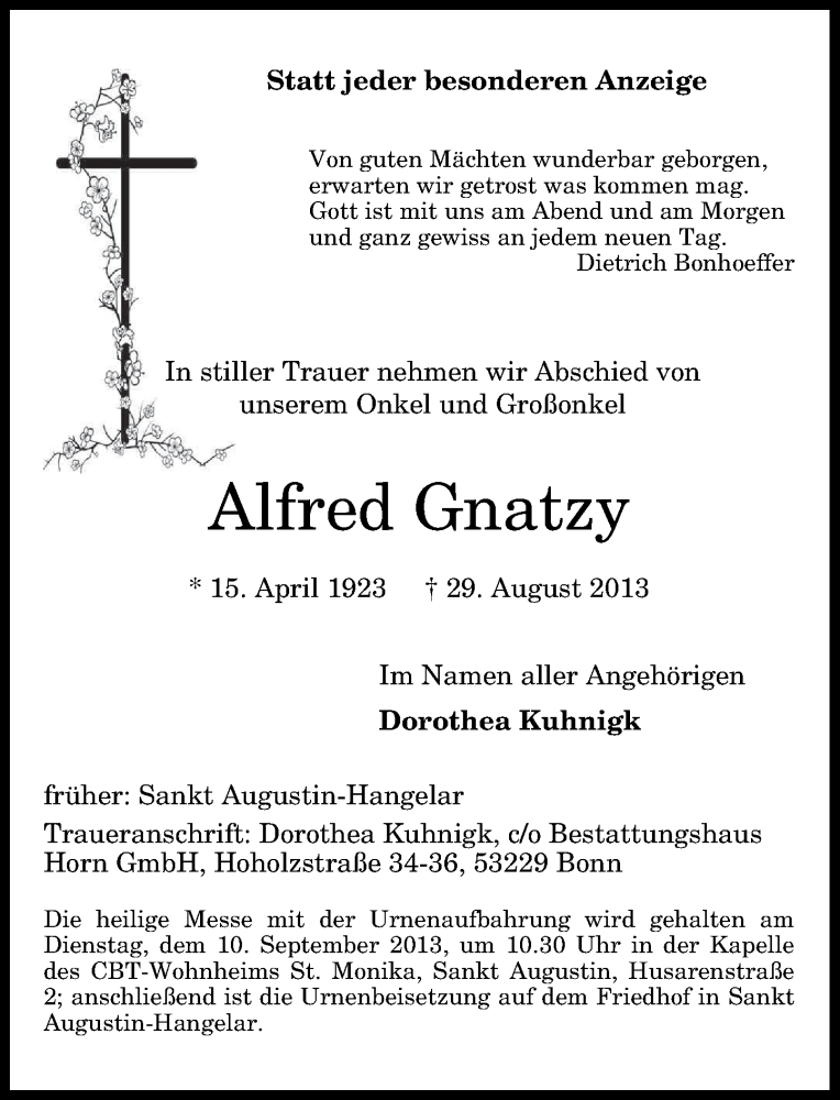  Traueranzeige für Alfred Gnatzy vom 04.09.2013 aus General-Anzeiger Bonn