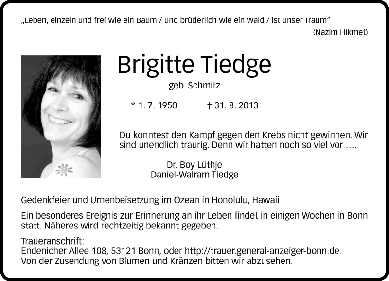  Traueranzeige für Brigitte Tiedge vom 07.09.2013 aus General-Anzeiger Bonn