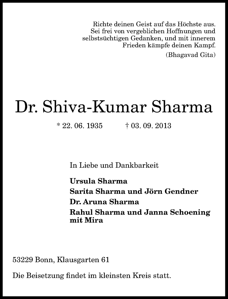  Traueranzeige für Shiva-Kumar Sharma vom 11.09.2013 aus General-Anzeiger Bonn