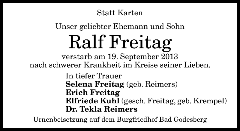  Traueranzeige für Ralf Freitag vom 21.09.2013 aus General-Anzeiger Bonn