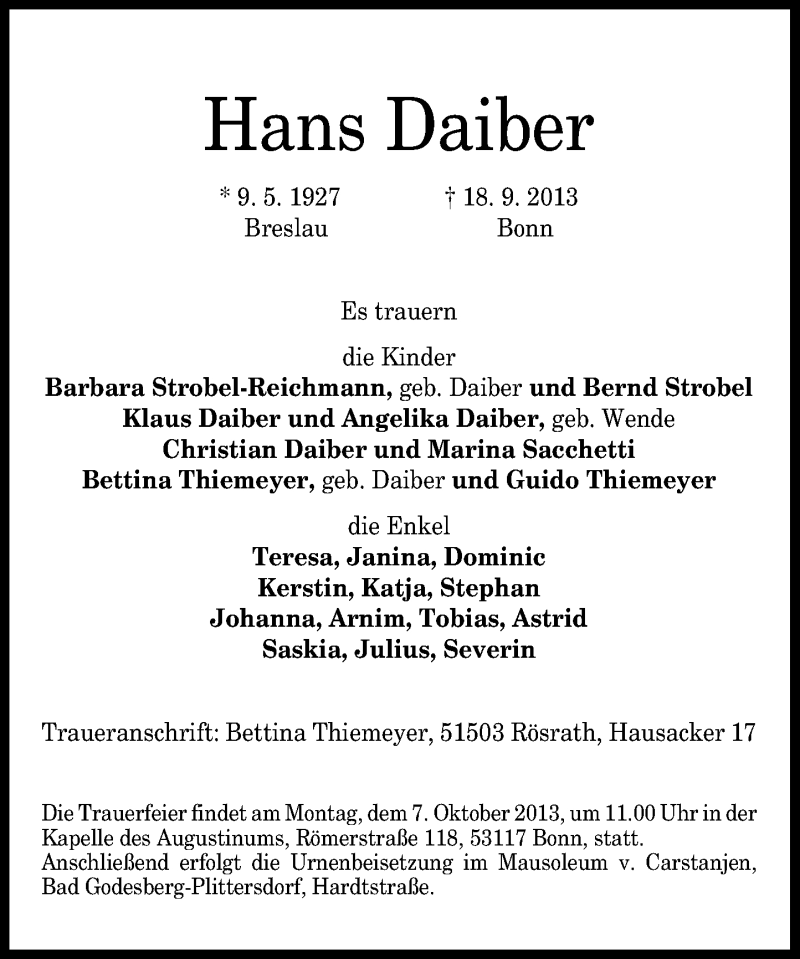  Traueranzeige für Hans Daiber vom 28.09.2013 aus General-Anzeiger Bonn