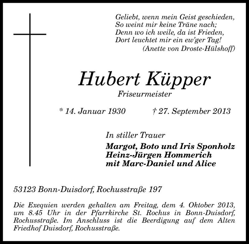  Traueranzeige für Hubert Küpper vom 01.10.2013 aus General-Anzeiger Bonn