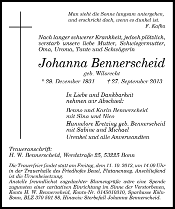 Anzeige von Johanna Bennerscheid von General-Anzeiger Bonn