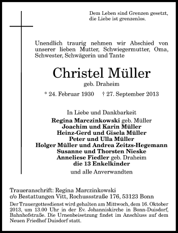 Anzeige von Christel Müller von General-Anzeiger Bonn