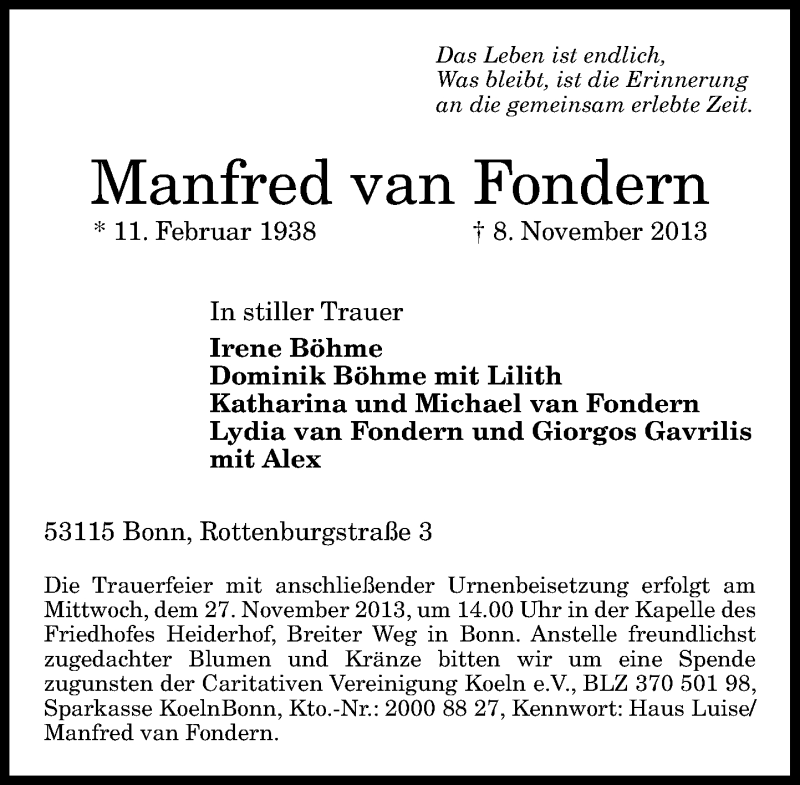  Traueranzeige für Manfred van Fondern vom 16.11.2013 aus General-Anzeiger Bonn