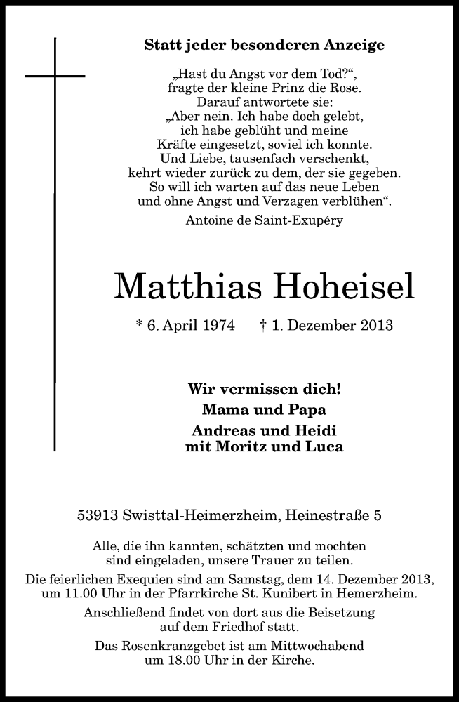  Traueranzeige für Matthias Hoheisel vom 07.12.2013 aus General-Anzeiger Bonn