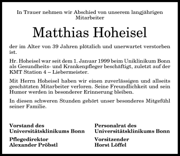 Anzeige von Matthias Hoheisel von General-Anzeiger Bonn