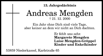 Anzeige von Andreas Mendgen von General-Anzeiger Bonn