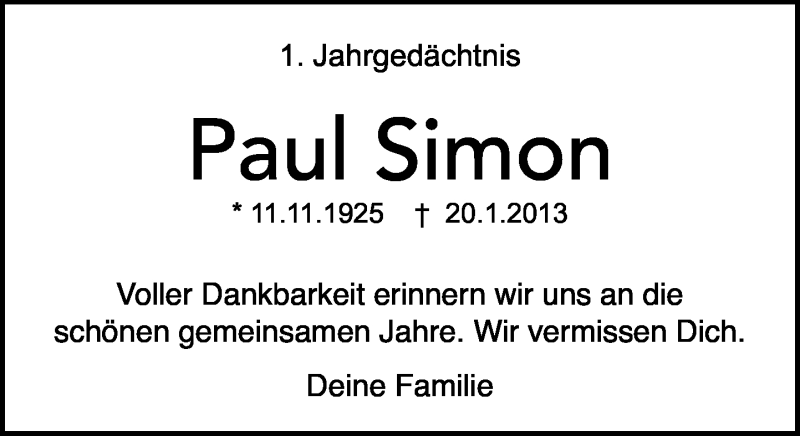  Traueranzeige für Paul Simon vom 18.01.2014 aus General-Anzeiger Bonn