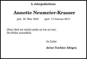 Anzeige von Annette Neumeier-Krasser von General-Anzeiger Bonn