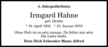 Anzeige von Irmgard Hahne von General-Anzeiger Bonn