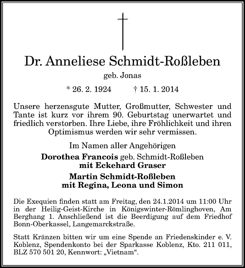  Traueranzeige für Anneliese Schmidt-Roßleben vom 18.01.2014 aus General-Anzeiger Bonn